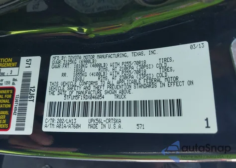 2013 Toyota Tundra Grade 4.6L V8 from USA, damaged, VIN 5TFUM5F19DX046054